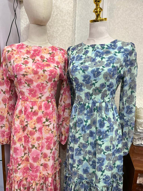 Hi-so Floral Loose Sleeves Flounce Full Length Dresses